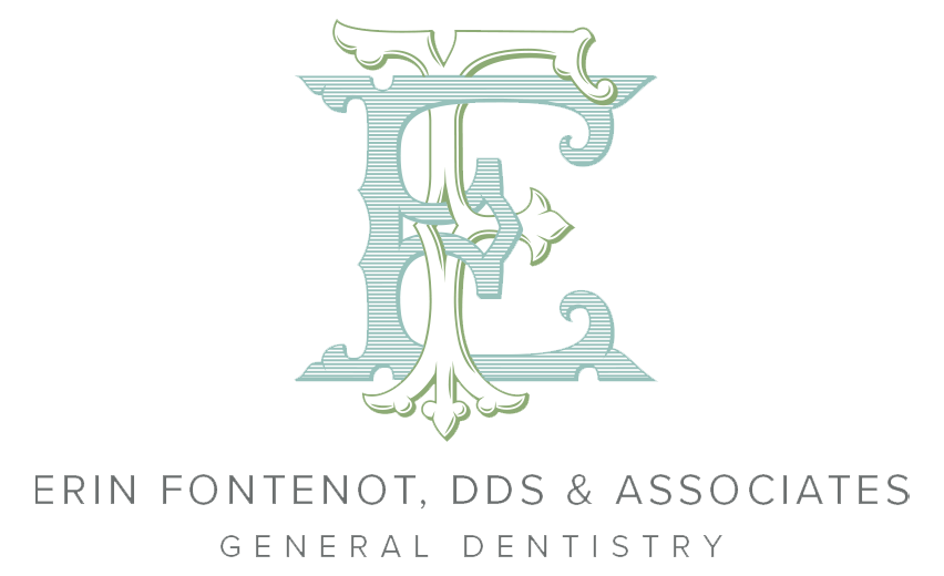 The image displays a logo with stylized lettering, featuring a large capital E in white on a teal background, accompanied by smaller text underneath that reads KERIN FONTENOT, DDS ASSOCIATES GENERAL DENTISTRY.